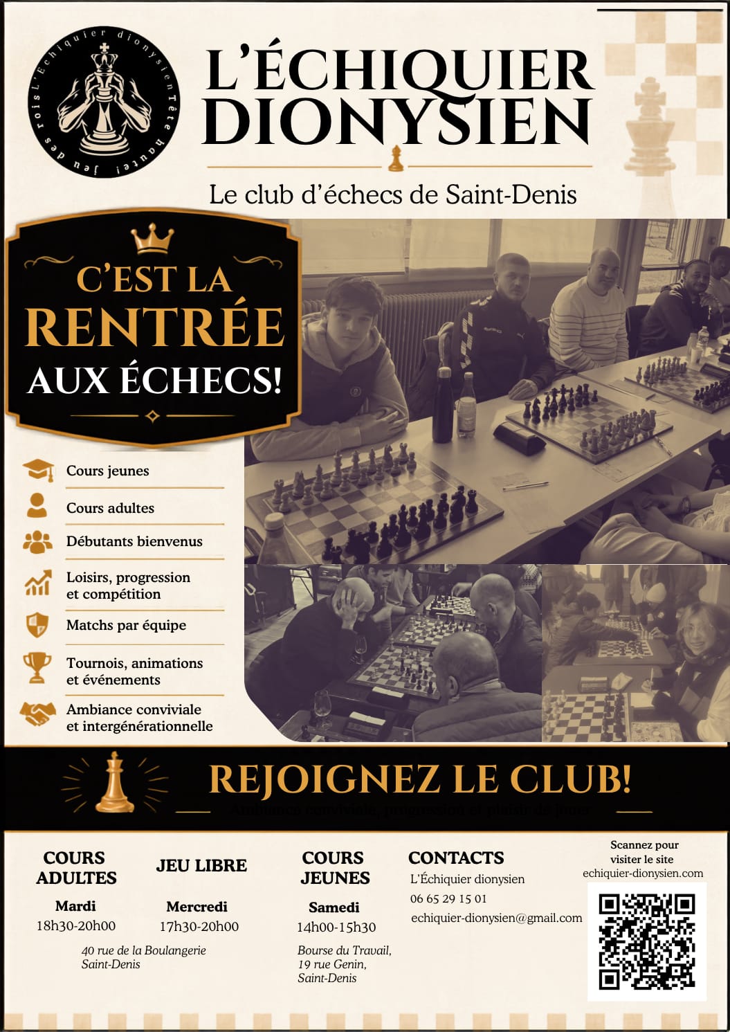 Flyer de rentrée de L'Échiquier Dionysien : cours jeunes, cours adultes, jeu libre, débutants bienvenus